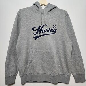 Hurley Script Logo Graphic Pullover Fleece Hoodie Heather Gray Navy Blue Size L